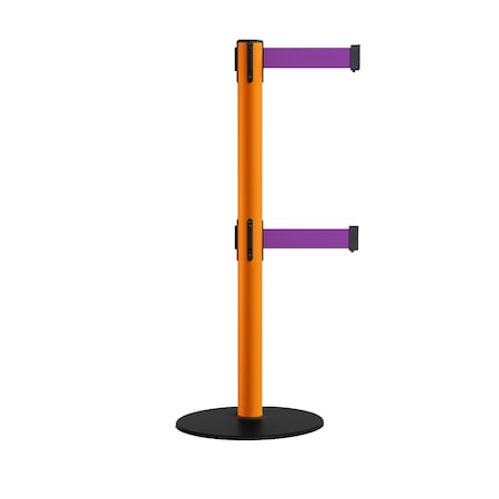 Montour Line Retractable Dbl Belt 2.5" Orange Post , Low Base, 7.5'Purple Belt S400D-OR-PE-75